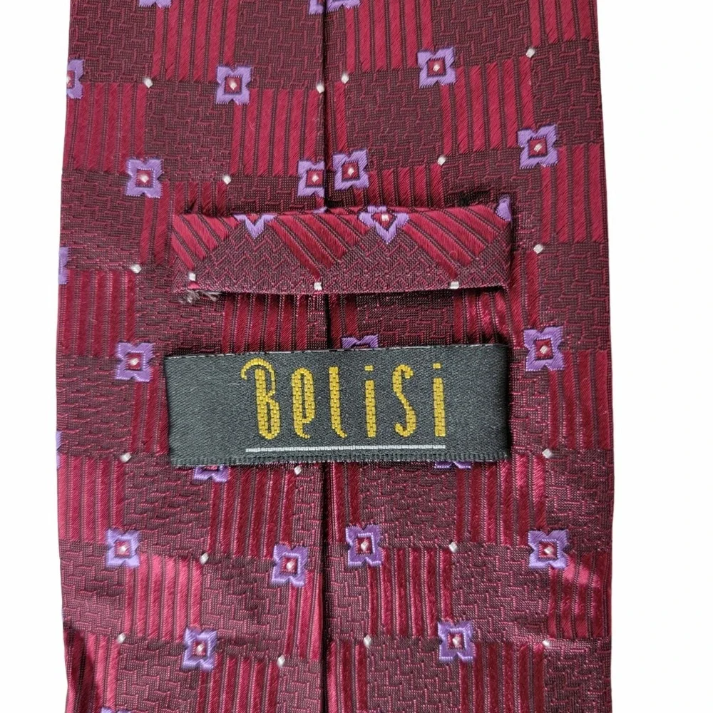 BELISI Gingham Floral Burgundy Silk Power Tie Handmade‎ Wide Patterned Jacquard